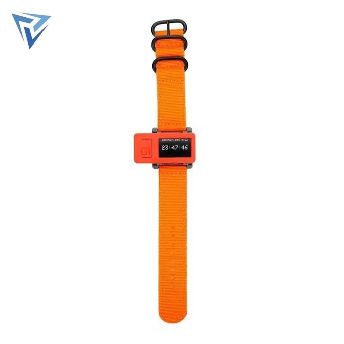 M5StickC Plus worn as a watch on an orange strap